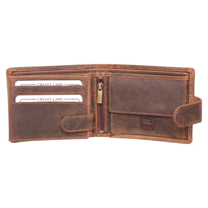 Мъжки портфейл, Berledor, кафяв, кожа, шарка щука, за риболовци, 12 х 9, 5 х 3 см