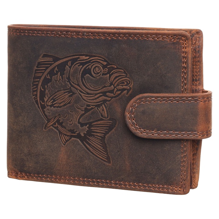 Мъжки портфейл, Berledor, кафяв, кожа, шаран, за риболовци, 12 х 9, 5 х 3 см