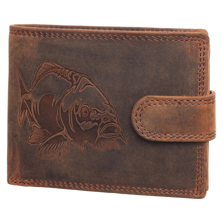 Мъжки портфейл, Berledor, кафяв, кожа, шаран шаран, за риболовци, 12 х 9, 5 х 3 см, 1605L-Carp2