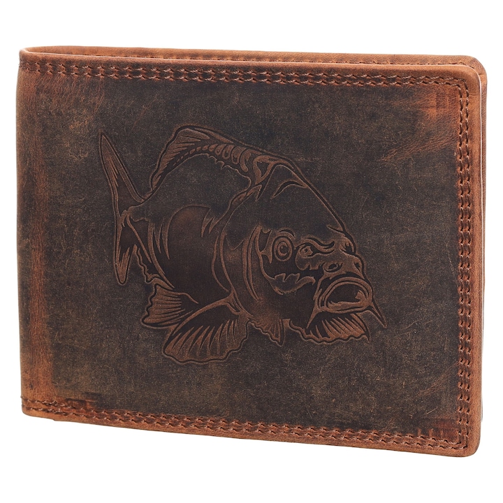 Мъжки портфейл, Berledor, кафяв, кожа, шаран шаран, за риболовци, 12 х 9, 5 х 3 см, 1600-Carp2