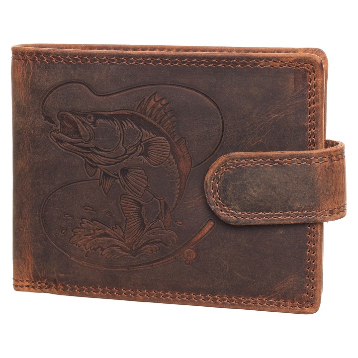 Мъжки портфейл, Berledor, кафяв, кожа, шарка щука, за риболовци, 12 х 9, 5 х 3 см, 1600L-Zan1