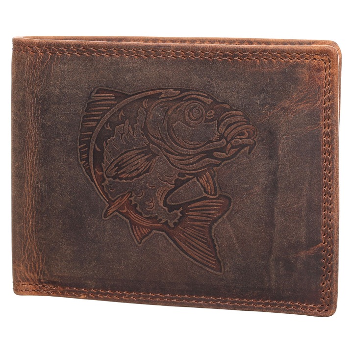 Мъжки портфейл, Berledor, кафяв, кожа, шаран, за риболовци, 12 х 9, 5 х 3 см, 1600-Carp1