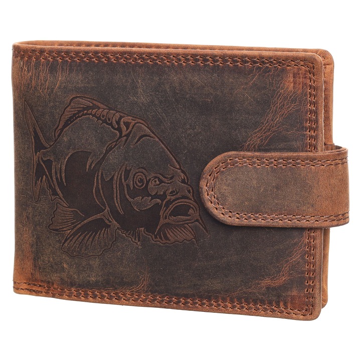 Мъжки портфейл, Berledor, кафяв, кожа, шаран, за риболовци, 12 х 9, 5 х 3 см, 1600L-Carp2