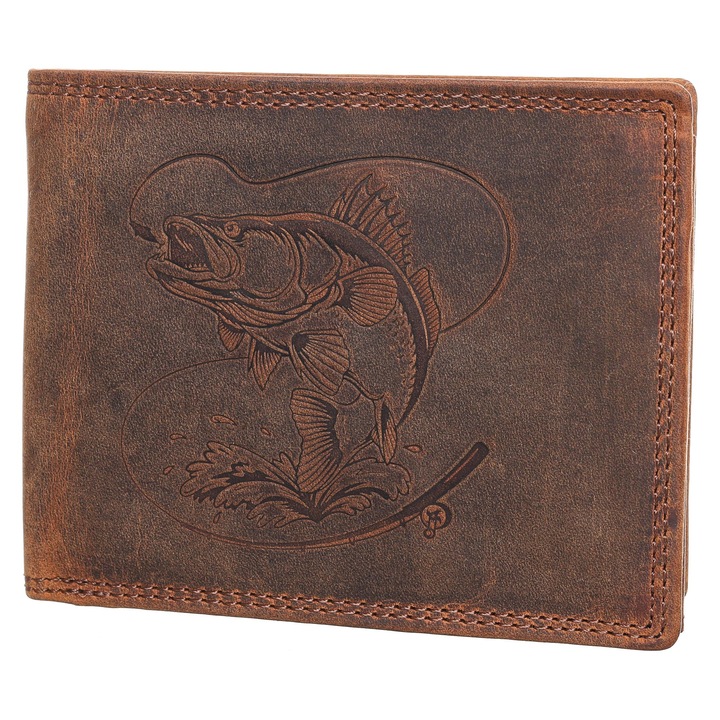 Мъжки портфейл, Berledor, кафяв, кожа, шарка щука, за риболовци, 12 х 9, 5 х 3 см