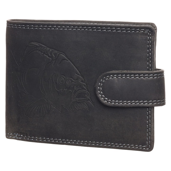 Мъжки портфейл, Berledor, черен, кожа, шаран, за риболовци, 12 х 9, 5 х 3 см, 1600L-Carp2