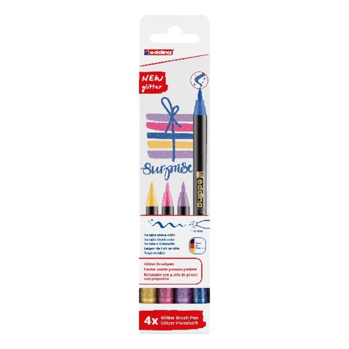 Set 4 markere brokat Edding, varf pensula, culori multicolore, 208x49mm