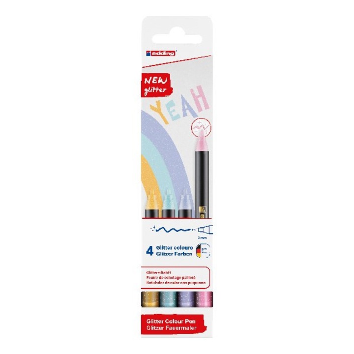 Set de markere brokat Edding, varf rotund 3mm, pastel, 4 culori, 209x54mm