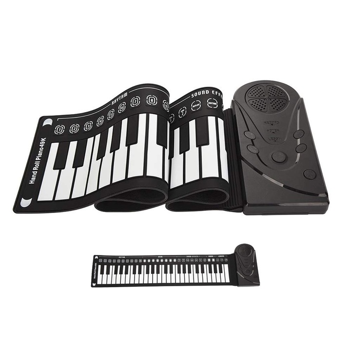 Pian tip roll-up, JESWO®, pliabil, 49 clape, 16 tonuri, 6 melodii demonstrative, silicon, Negru/Alb