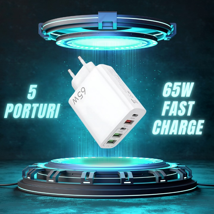 Hálózati töltő, Ronic X, 5 port, 65 W gyorstöltés, 2 x Type-C, 3 x USB, univerzális többportos, kompatibilis telefonnal, táblagéppel, okosórával, iPhone, Huawei, Samsun0g, Xiaomi, fehér