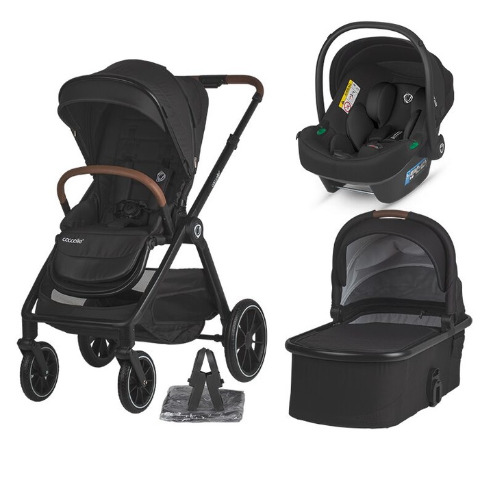 Carucior 3in1 Coccolle Aspen Premium Line cu scoica auto Knox Anthracite iSize, Roti detasabile, Suspensii, Spatar reglabil, Maner ajustabil, Copertina XXL, Husa de picioruse si ploaie, Pana la 22 kg, Standard de siguranta EN 1888, Jet Black
