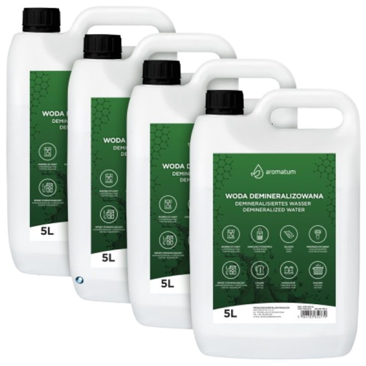 Set de 4 apa demineralizata, 4x 5L, pentru fiare de calcat, baterii, cosmetice, gospodarie, Aromatum