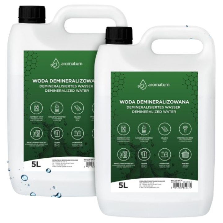 Set de 2 apa demineralizata, 2x 5L, pentru fiare de calcat, baterii, cosmetice, gospodarie, Aromatum
