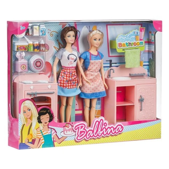 Játékkészlet 2 babából a fürdőszobában és a konyhában, több tartozékkal: tűzhely, mosogató, törölköző, konyhai alapanyagok, torta stb., többszínű, 43x6x32,5 cm, min. 3+ év