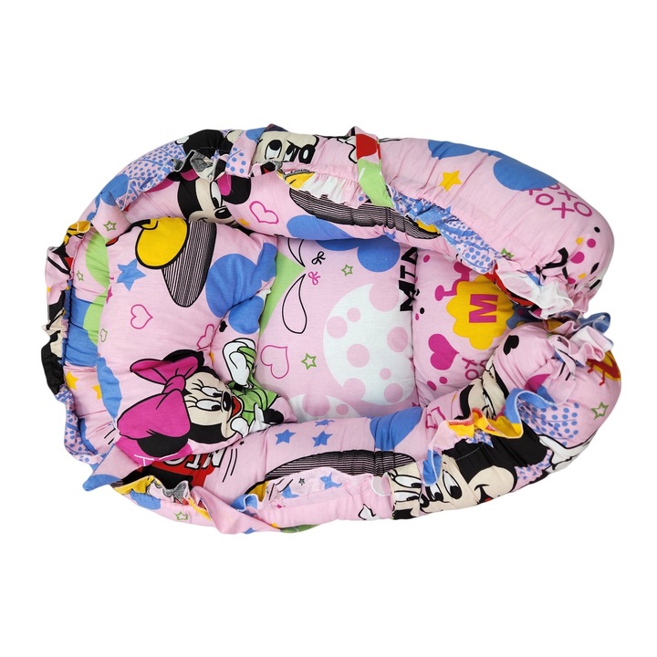 Baby Nest cu pernuta, model Mickey + Minnie, culoare roz