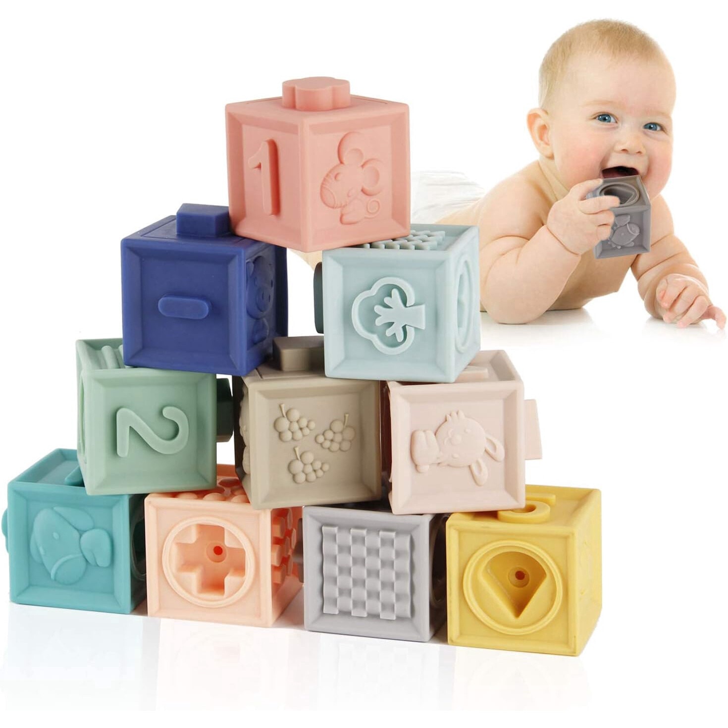 Set 12 Cuburi Moi pentru Bebelusi Malvys®, Jucarie Educationala cu ...