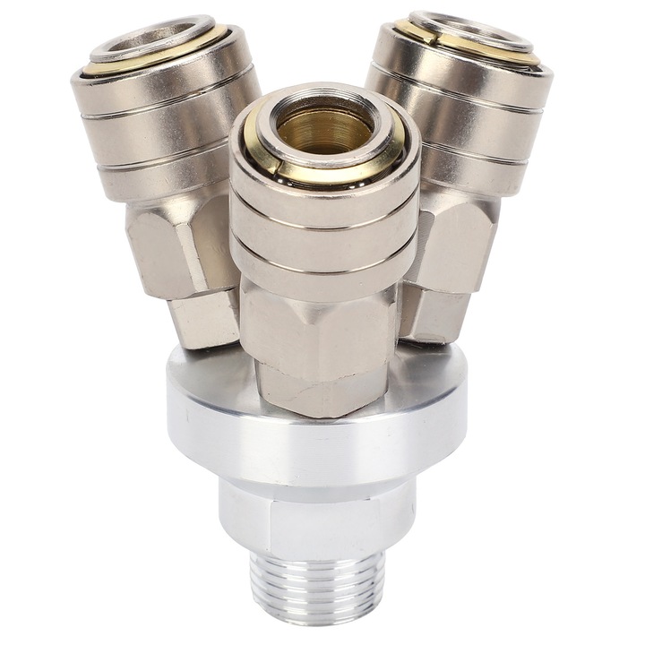 Conector rapid cu 3 cai, piulita tata, componenta pneumatica cromata G1/2 SMV, Otel carbon