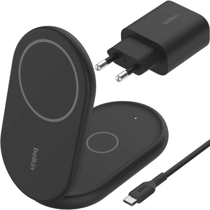 Induktív töltő Belkin Boost 2in1 Foldable WIZ028 magnet / Qi / Qi2 15W + PSU, fekete