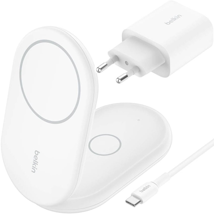 Induktív töltő Belkin Boost 2in1 Foldable WIZ028 magnet / Qi / Qi2 15W + PSU, fehér