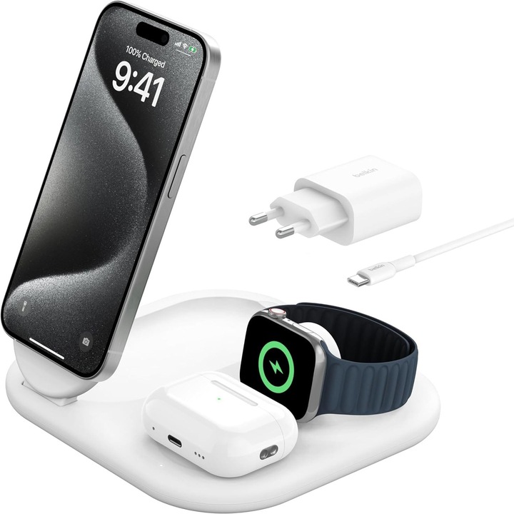 Induktív töltő Belkin Boost Foldable 3 az 1 Qi2 15W WIZ029 iPhone magnet / Smart Watch / AirPods, fehér