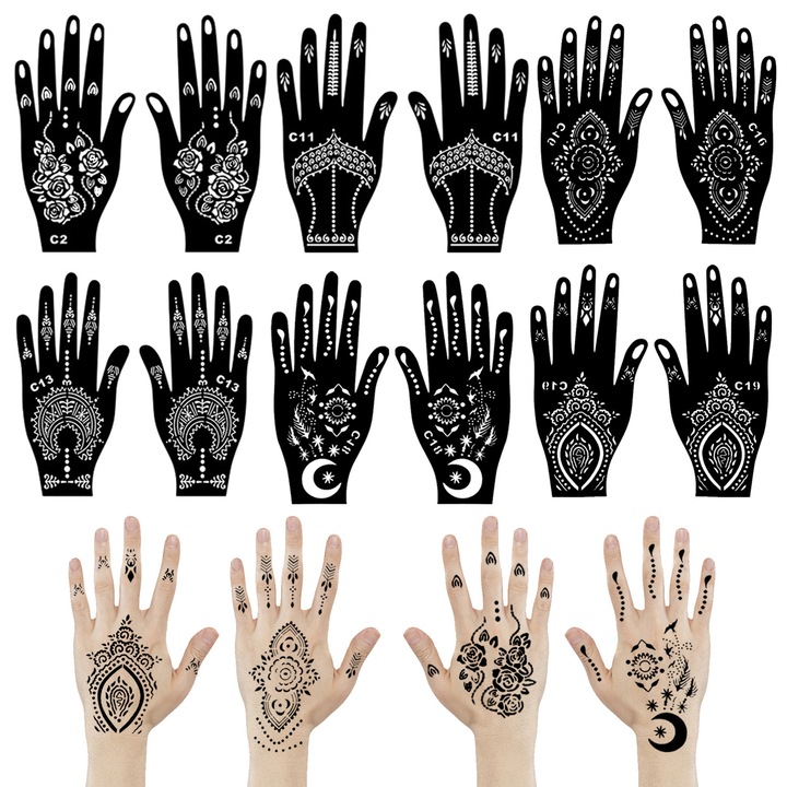 Set 12 sabloane tatuaje temporare, AMRINUGL, PVC, design henna, 11.5 x 21.5 cm, negru