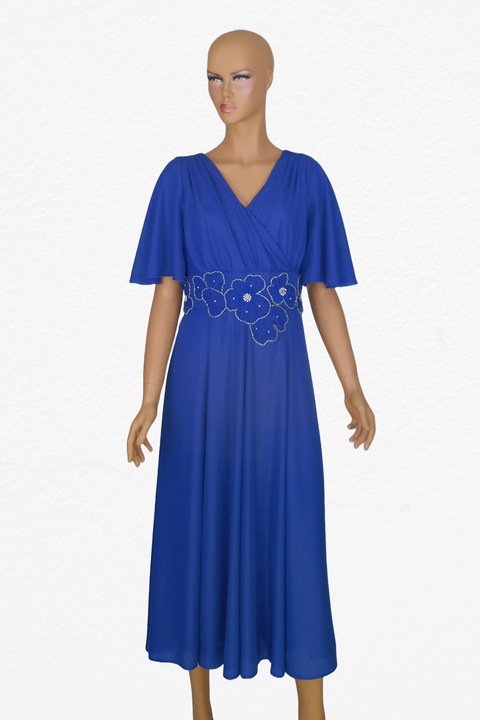 Elegáns, ékelt ruha, fényes fátyolból, derékrészén csipke díszítéssel, Királykék