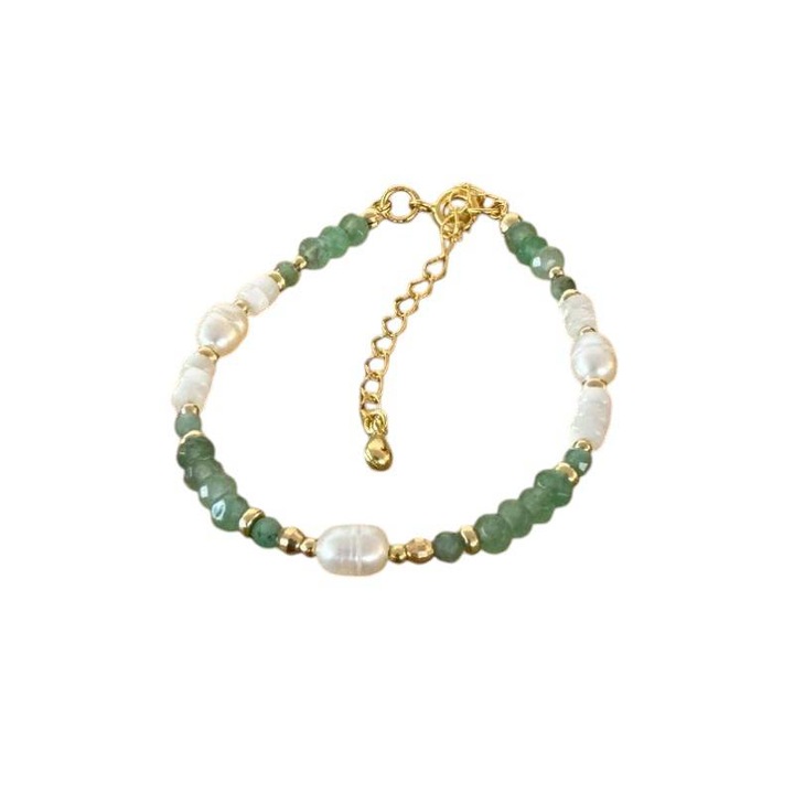 Bratara dama eleganta Ezera, Lana, din jad verde si perle naturale cu argint placat cu aur, 925