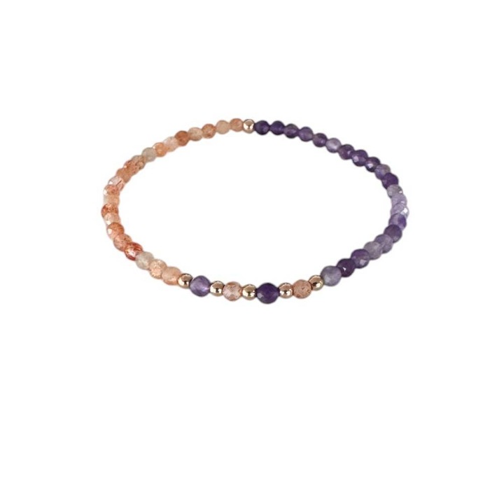 Bratara dama Ezera, Mia din ametist si piatra soarelui cu argint placat rose gold, 17.5-18 cm