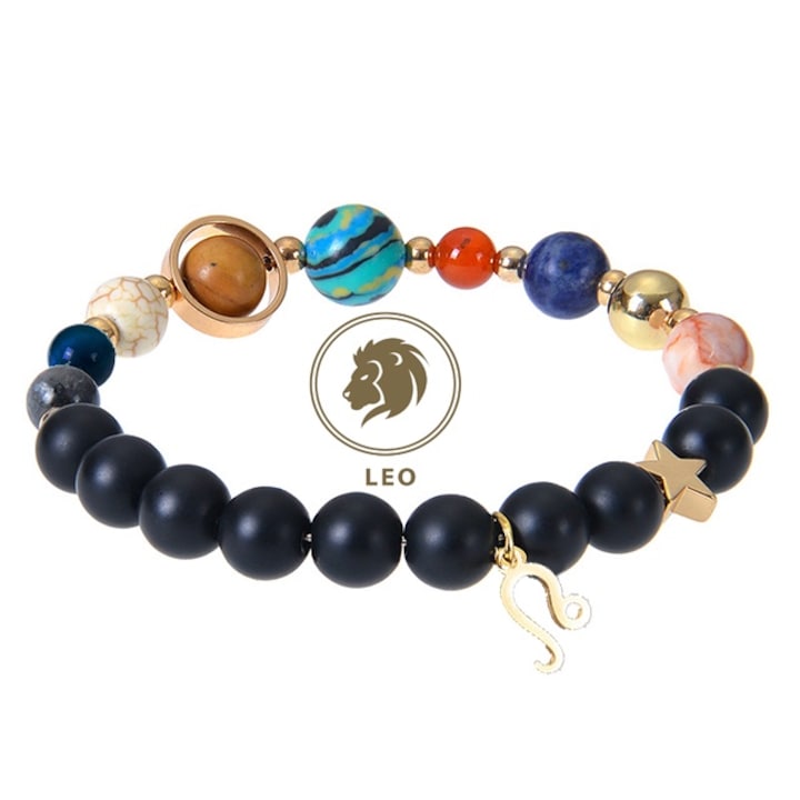 Bratara energetica cu pandativ zodiacal, margele vindecatoare, pietre semipretioase ametist, unisex, zodia leu