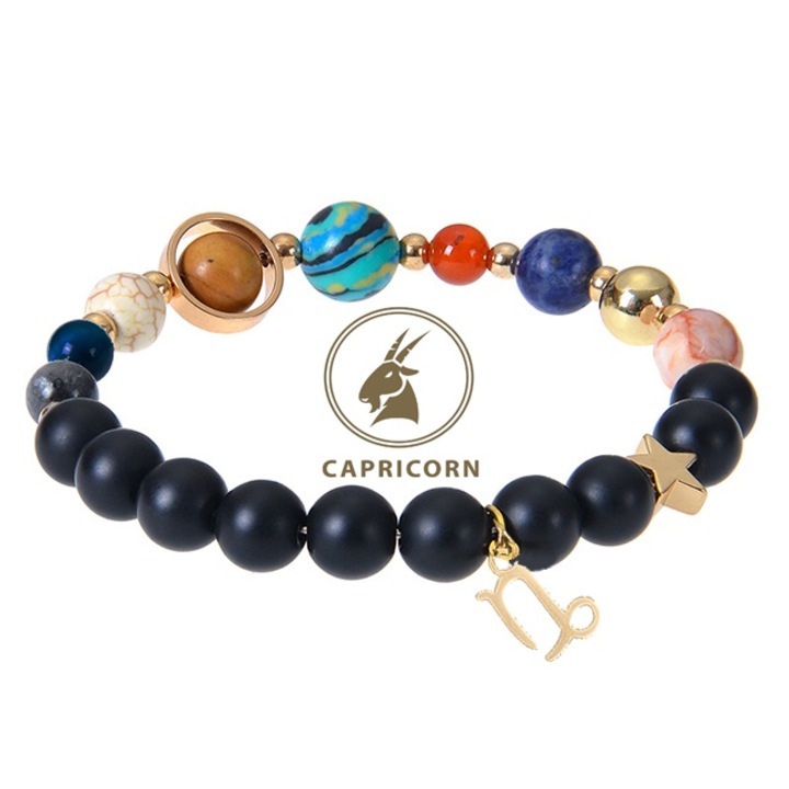 Bratara energetica cu pandativ zodiacal, margele vindecatoare, pietre semipretioase ametist, unisex, zodia capricorn