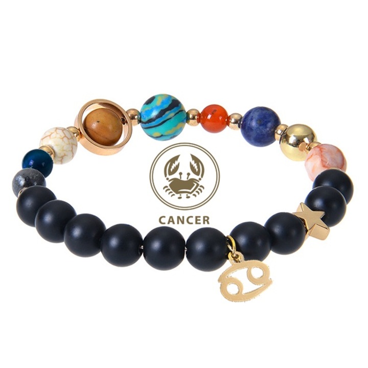 Bratara energetica cu pandativ zodiacal, margele vindecatoare, pietre semipretioase ametist, unisex, zodia rac