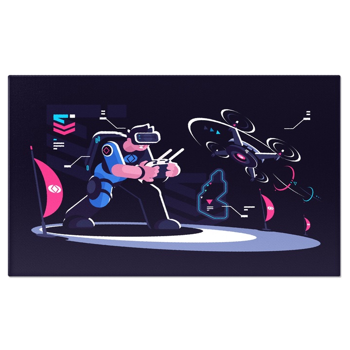 Tablou Canvas Lumea Digitala un Baiat in Salopeta Albastra cu Ochelari Virtuali si Consola cu Drona 90x60CM