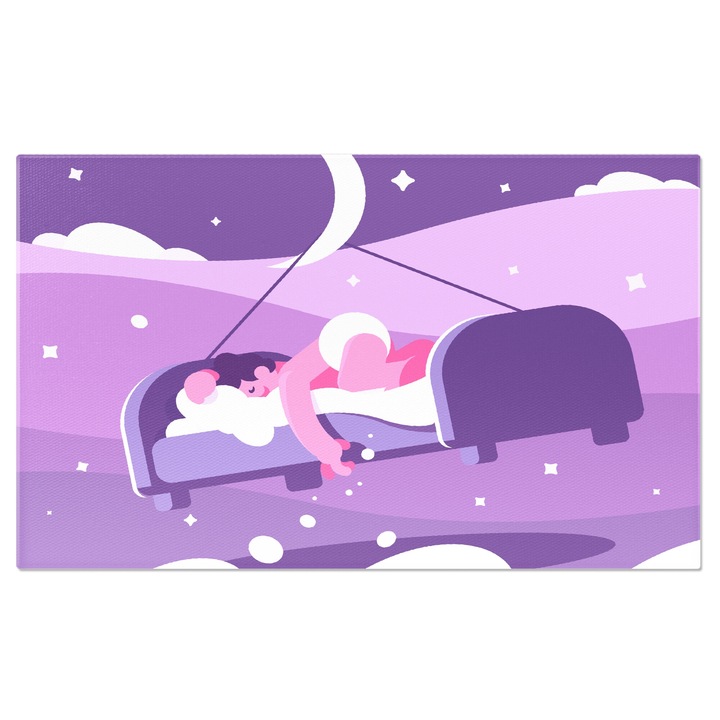 Tablou Canvas Bebelus cu Pampers care Doarme in Patut si este Plimbat de Luna prin Cerul Stralucitor 120x80CM