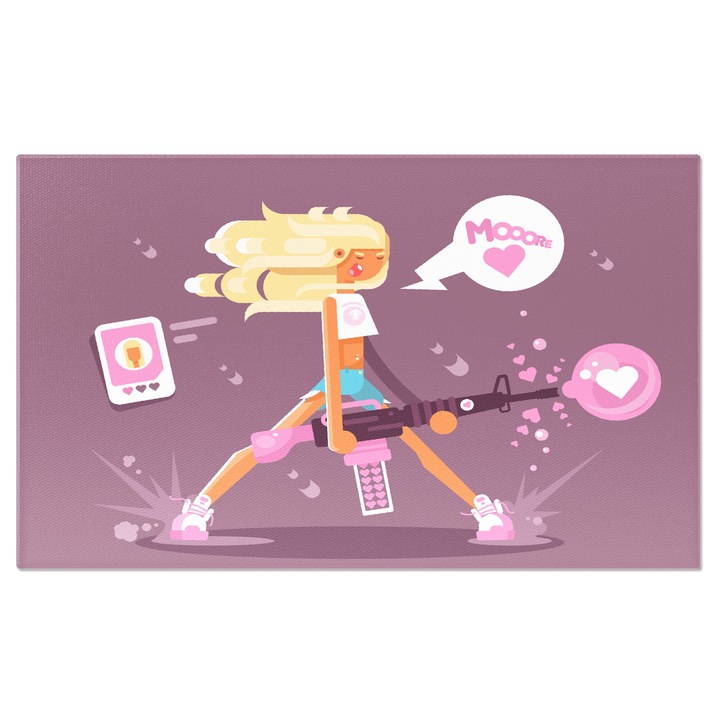 Tablou Canvas Suparata Fata cu Pusca Neagra Mare in Mana cu Parul Blond cu Inimioare Roz Imprejur 100x70CM