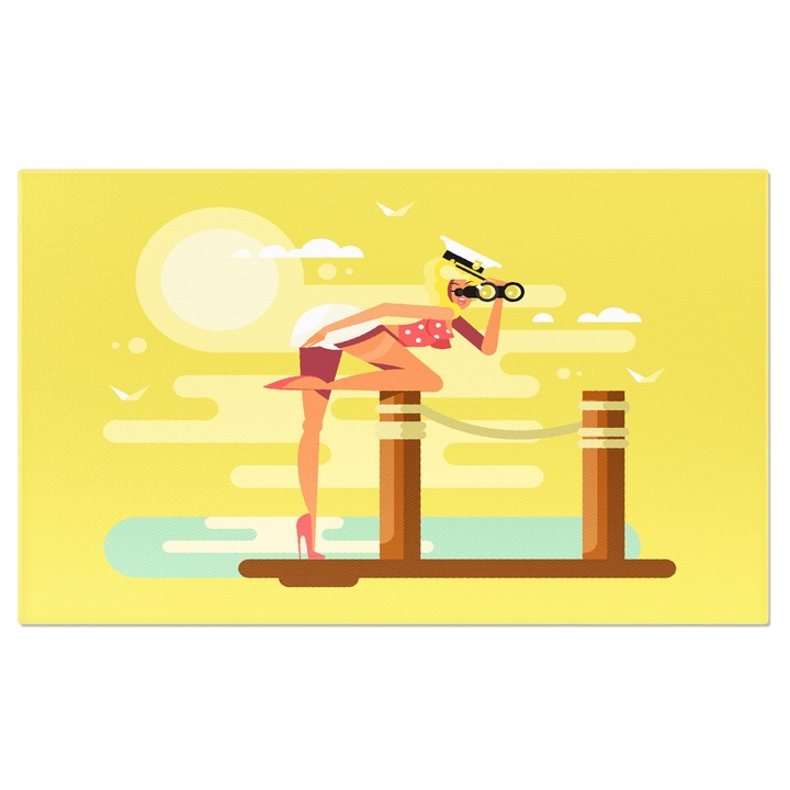 Tablou Canvas Sotia Capitanului Priveste in Binoclu dupa Vapor Imbracata Sexy cu Tocuri si Basca Alba 40x25CM