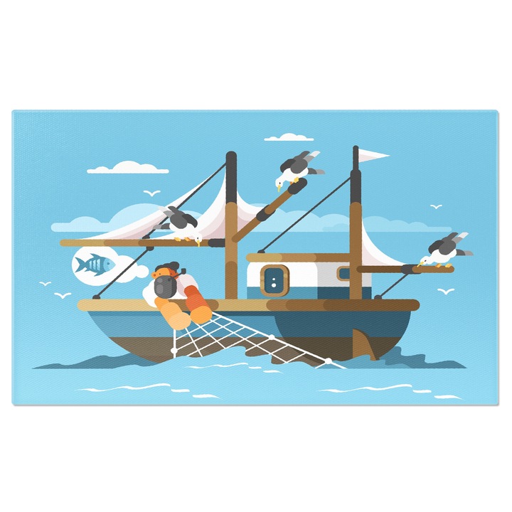 Tablou Canvas Barbat Pasionat de Pescuit cu Barba si Pipa de Fumat cu Plasa de Pescuit si Pescarusi Deasupra 40x25CM