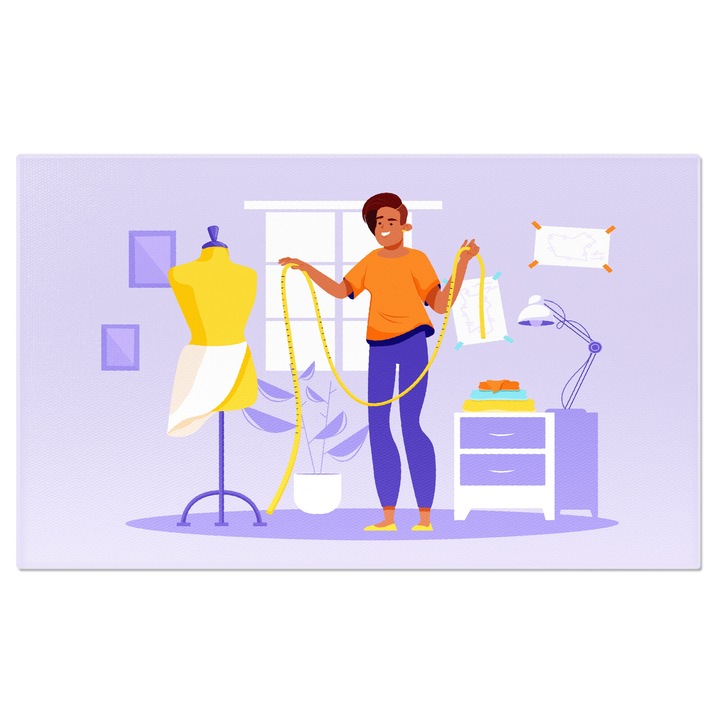 Tablou Canvas Croitoreasa cu Tricou Portocaliu si Pantaloni Mov cu un Centimetru de Croitorie Masoara Rochia 40x25CM