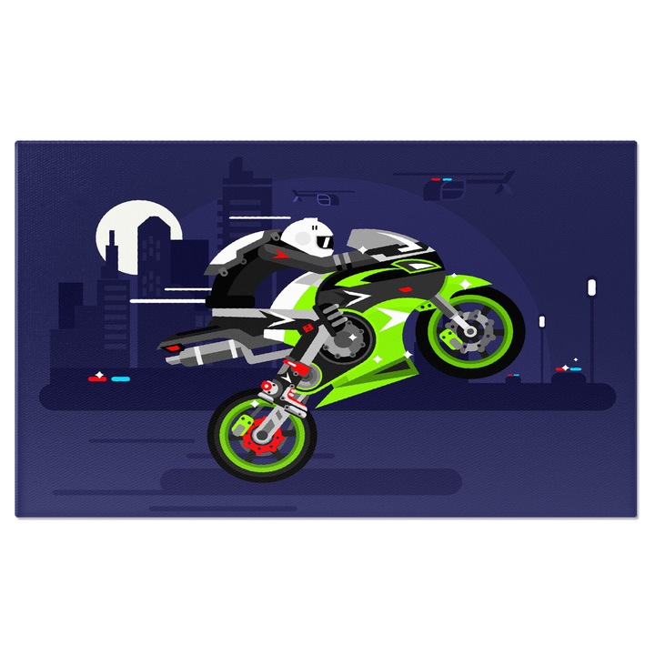 Tablou Canvas Motociclist in Salopeta Neagra cu Casca de Protectie Conduce Motocicleta Verde Ridicata 70x50CM