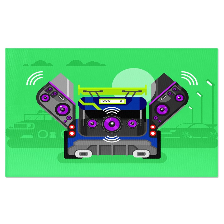 Tablou Canvas Dispozitiv Vechi de Redare a Melodiilor in Fundal Verde cu Difuzoare si Calitate Mare a Sunetului 90x60CM