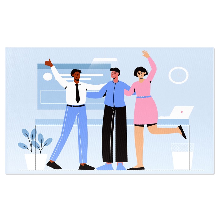 Tablou Canvas Cei Trei Angajati Dedicati Firmei o Doamna si Doi Barbati Bucurosi de Reusisete si Bonusuri 40x25CM