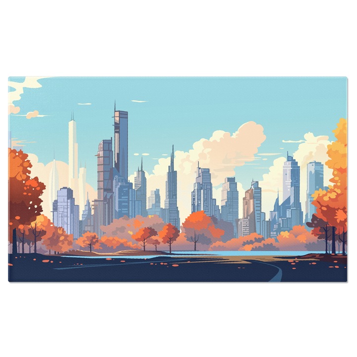 Tablou Canvas Orasul cu Cladiri Inalte ´´Zgarie Nori´´ aproape de Norii Pufosi Albi de pe Cerul Senin si Copaci Imprejur 120x80CM