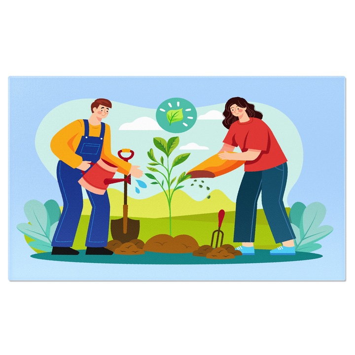 Tablou Canvas Sotul in Salopeta Albastra si Sotia cu Par Ondulat care Planteaza Seminte cu Stropitoare si Lopata 100x70CM