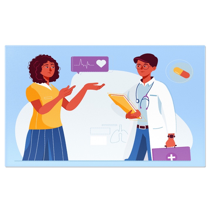 Tablou Canvas Pacienta in Tricou Galben si Fusta Spunand Simptomele Doctorului cu Stetoscop 40x25CM