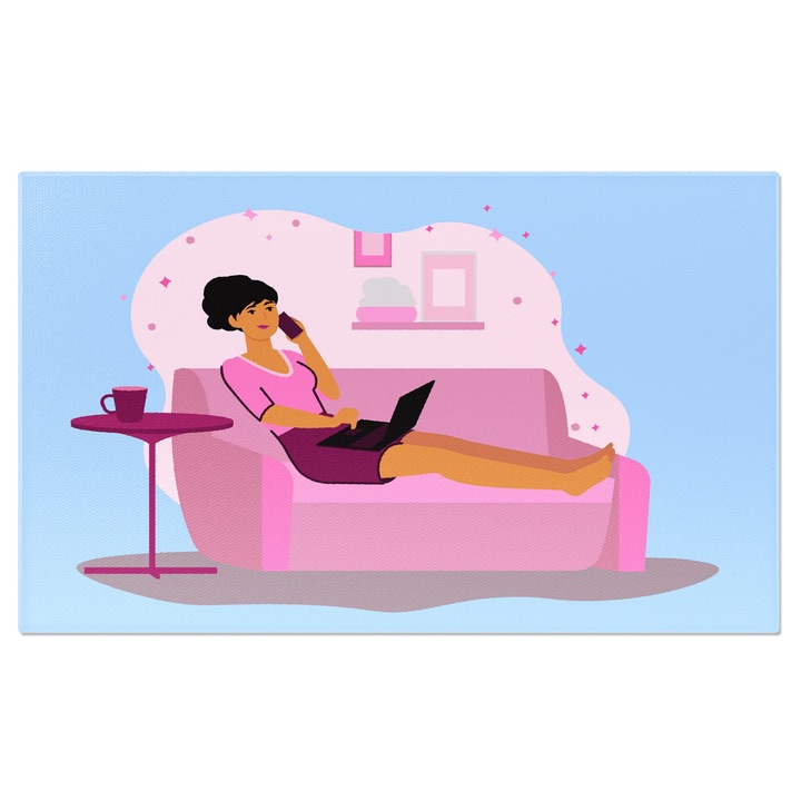 Tablou Canvas Relaxarea Mamicii Vorbind la Telefon in timp ce si Lucrezi pe Fotoliu Roz cu Laptop-ul in Brate 140x90CM