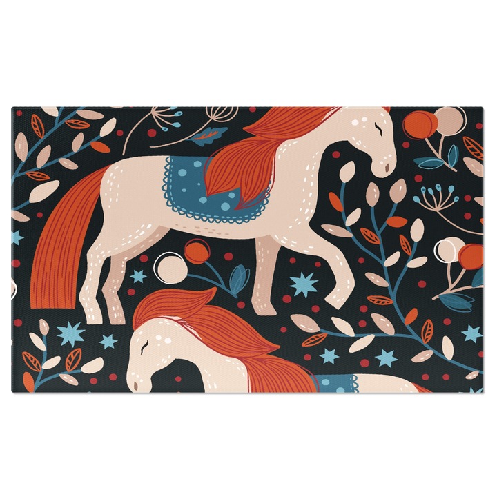 Tablou Canvas: Cai pe fundal negru printre frunze si muguri de flori - Coama portocalie 120x80CM