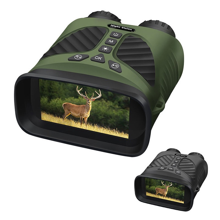 Дигитален бинокъл за нощно виждане CLC SmartGear, 2.5K UHD, 40MP, 10X оптично увеличение, 8X digital, 3" IPS екран, IR LED 850nm, 300m обхват, 2500mAh батерия, 32GB карта, Зелен