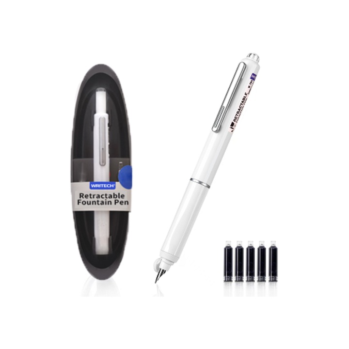 Set stilou retractabil Writech cu 5 patroane cerneala albastra culoare corp alb