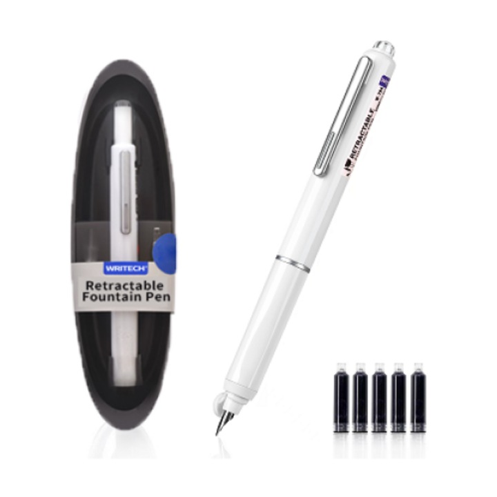 Writech visszahúzható toll, fehér test, díszdobozban és 5 kék tintapatronnal