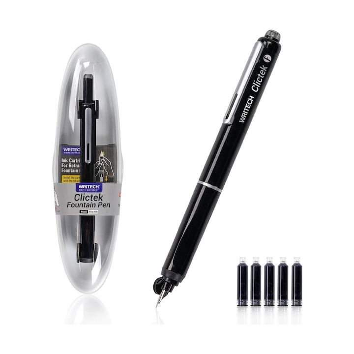 Stilou retractabil Writech corp negru cu cutie cadou si 5 patroane cerneala albastre