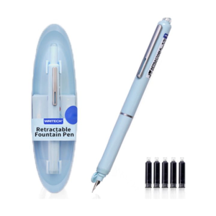 Writech visszahúzható toll, kék test, díszdobozban és 5 kék tintapatronnal