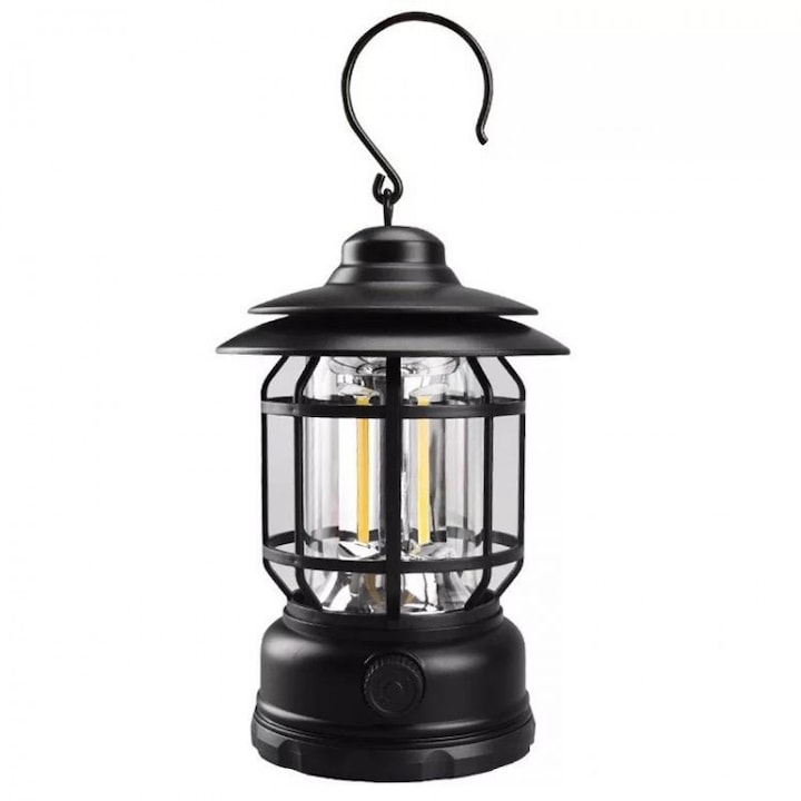 Lampa Portabila Camping, Flippy, Felinar Vintage cu carlig, ABS, Iluminare 21 COB LED, Intensitate reglabila, Negru